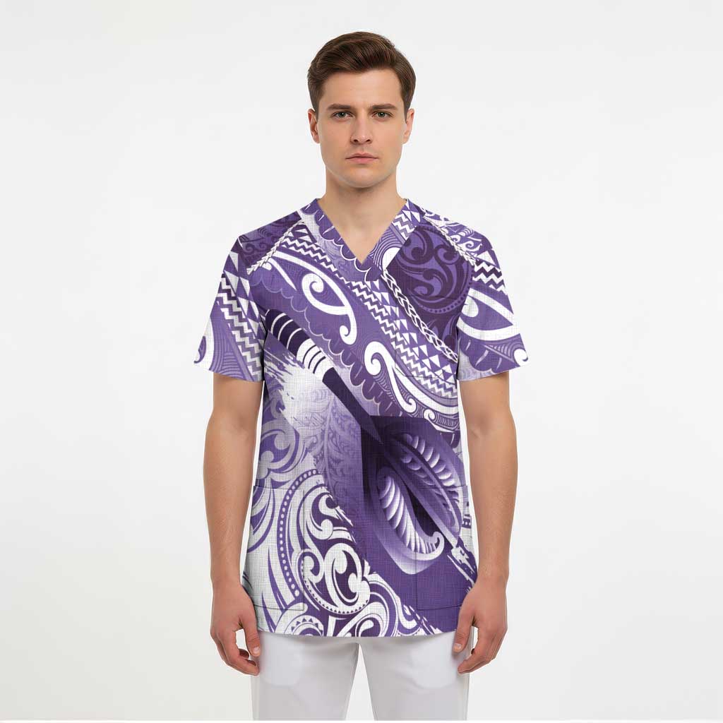 Personalised New Zealand Aotearoa Darts Masters Scrub Top Maori Art Tattoo with Tribal Dart Symbol Purple - Polynesian Pride