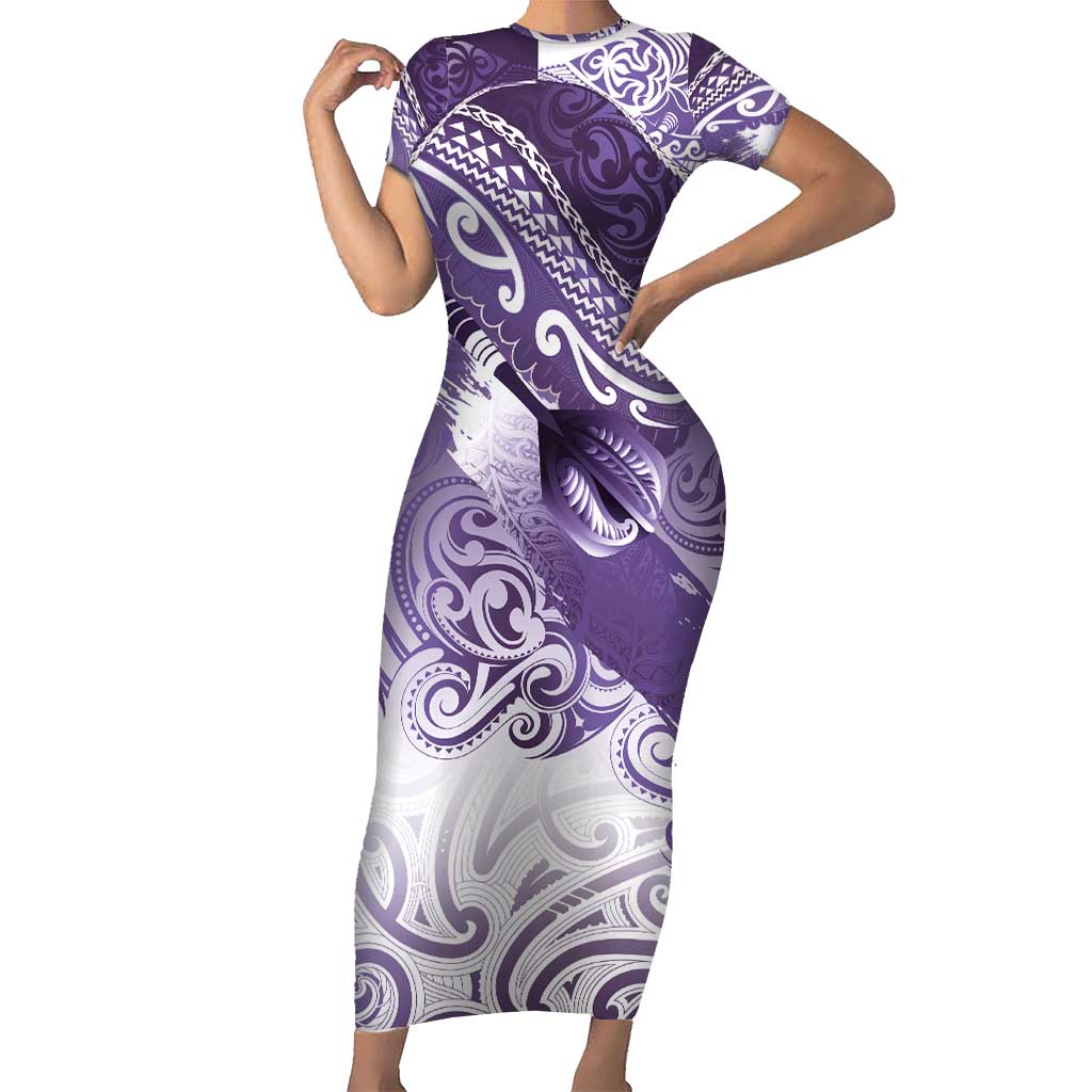 Personalised New Zealand Aotearoa Darts Masters Short Sleeve Bodycon Dress Maori Art Tattoo with Tribal Dart Symbol Purple - Polynesian Pride
