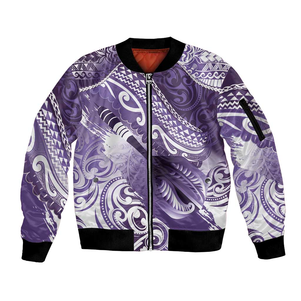 Personalised New Zealand Aotearoa Darts Masters Sleeve Zip Bomber Jacket Maori Art Tattoo with Tribal Dart Symbol Purple - Polynesian Pride