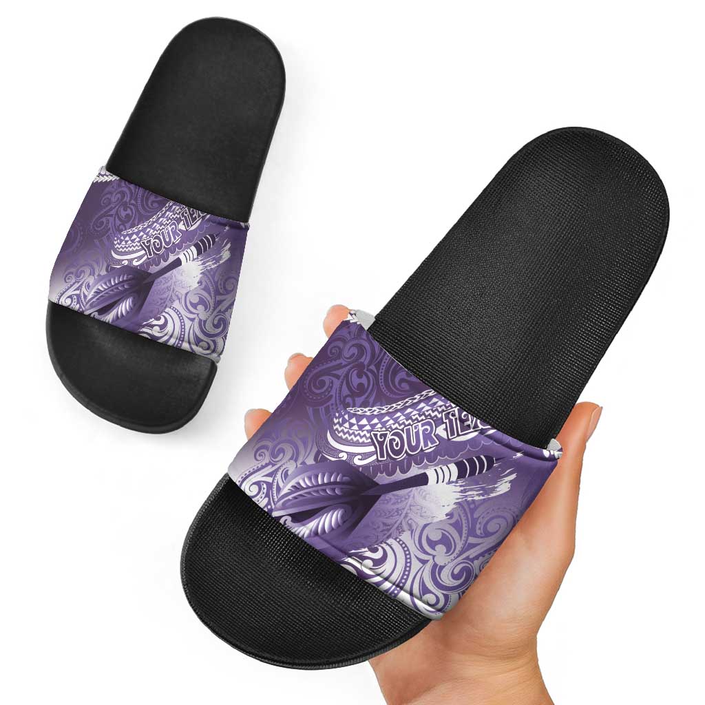 Personalised New Zealand Aotearoa Darts Masters Slide Sandals Maori Art Tattoo with Tribal Dart Symbol Purple - Polynesian Pride