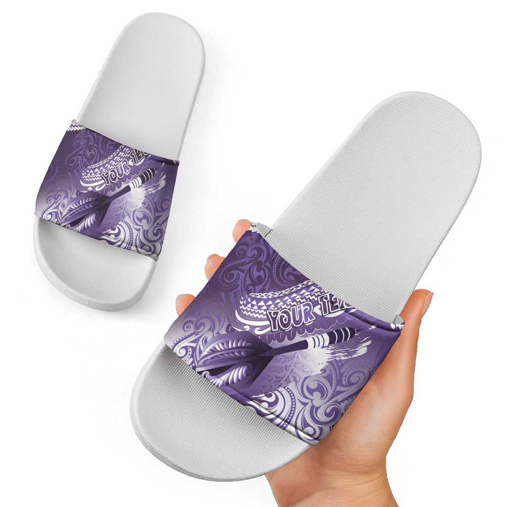 Personalised New Zealand Aotearoa Darts Masters Slide Sandals Maori Art Tattoo with Tribal Dart Symbol Purple - Polynesian Pride