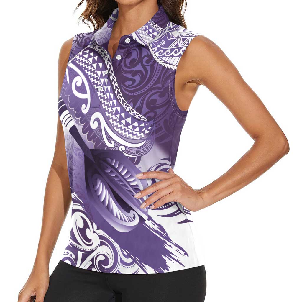 Personalised New Zealand Aotearoa Darts Masters Women Sleeveless Polo Shirt Maori Art Tattoo with Tribal Dart Symbol Purple - Polynesian Pride