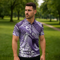 Personalised New Zealand Aotearoa Darts Masters Zipper Polo Shirt Maori Art Tattoo with Tribal Dart Symbol Purple - Polynesian Pride