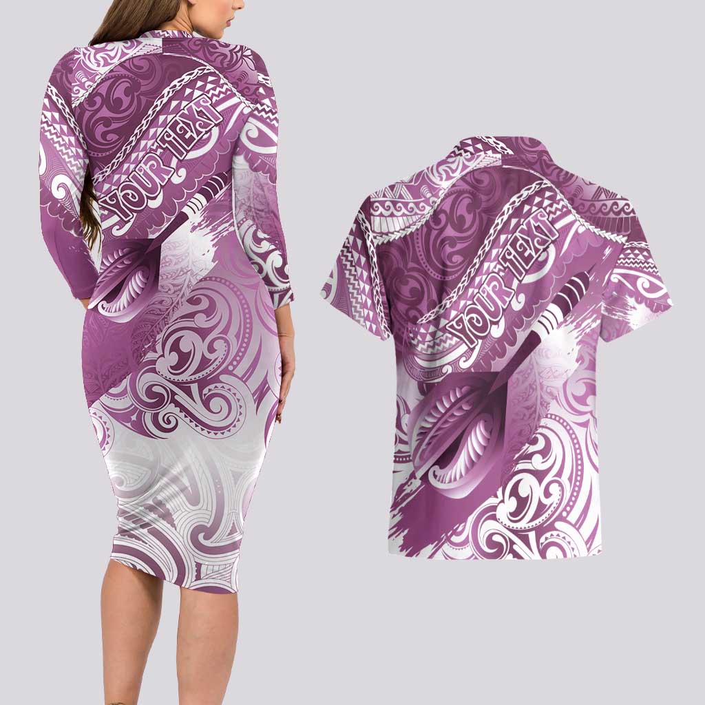 Personalised New Zealand Aotearoa Darts Masters Couples Matching Long Sleeve Bodycon Dress and Hawaiian Shirt Maori Art Tattoo with Tribal Dart Symbol Pink - Polynesian Pride