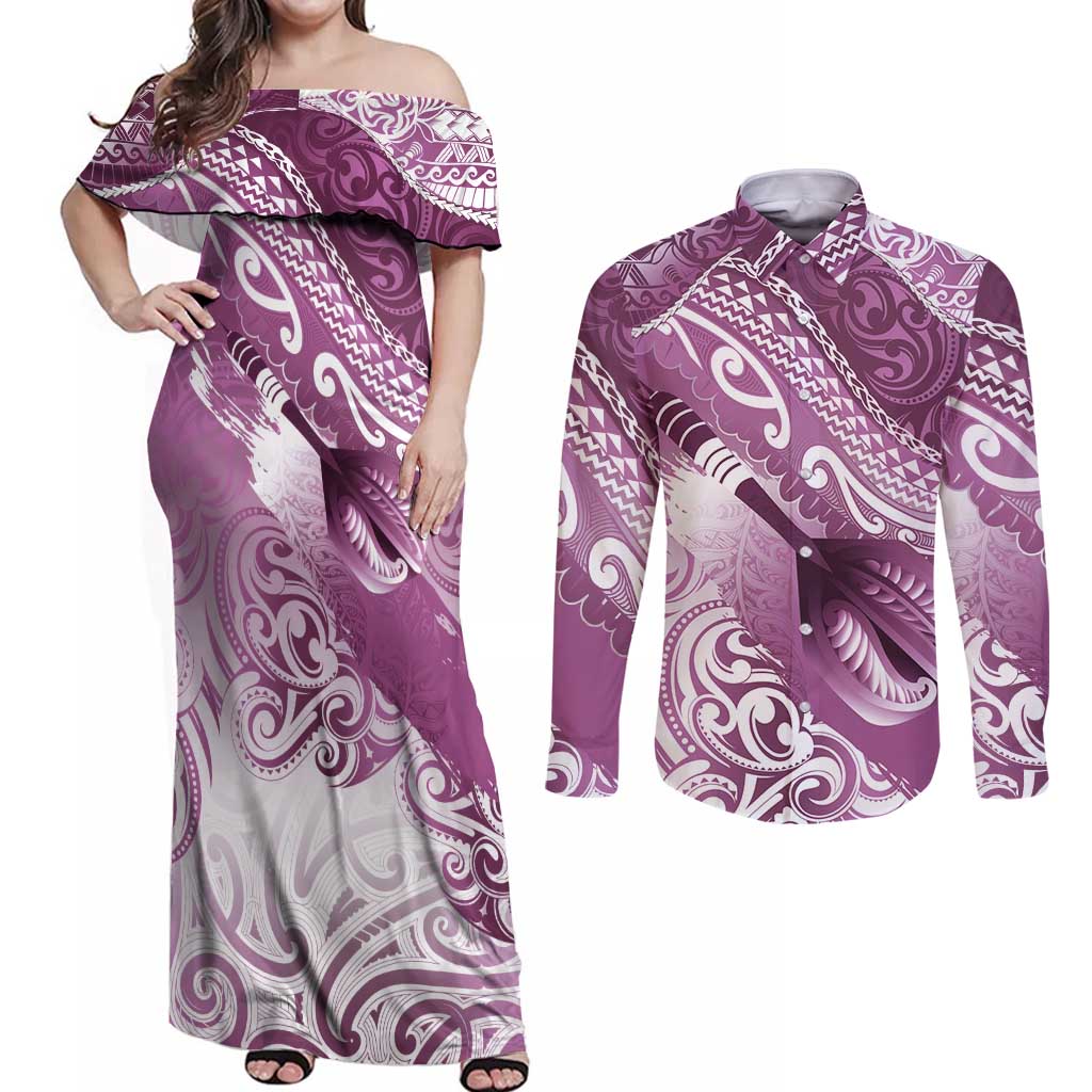 Personalised New Zealand Aotearoa Darts Masters Couples Matching Off Shoulder Maxi Dress and Long Sleeve Button Shirt Maori Art Tattoo with Tribal Dart Symbol Pink - Polynesian Pride