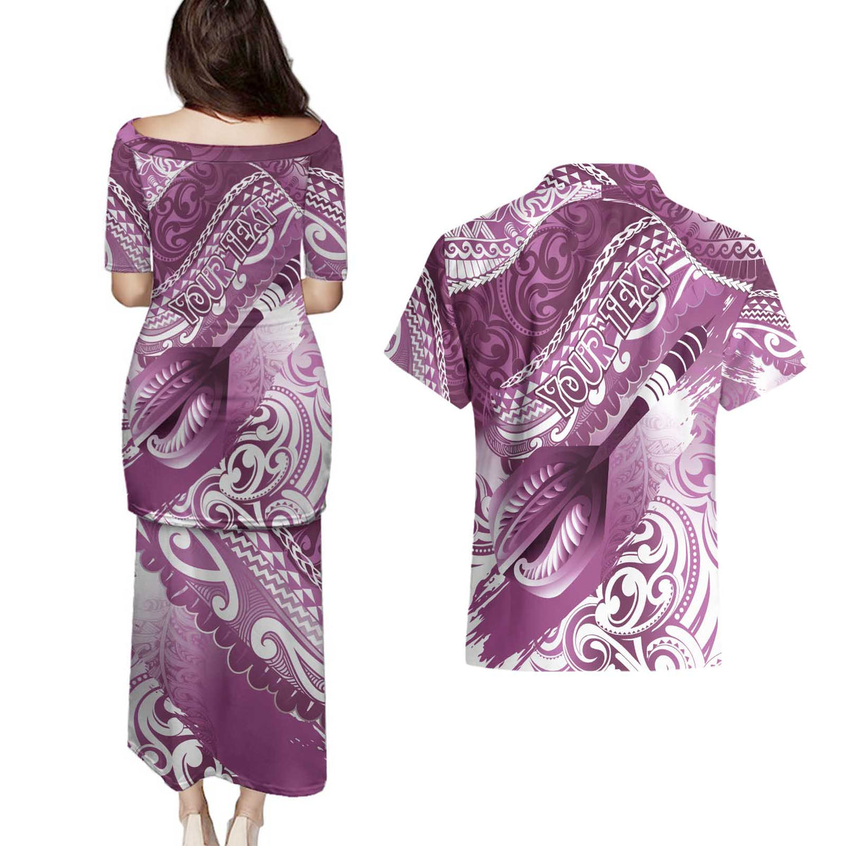 Personalised New Zealand Aotearoa Darts Masters Couples Matching Puletasi and Hawaiian Shirt Maori Art Tattoo with Tribal Dart Symbol Pink - Polynesian Pride