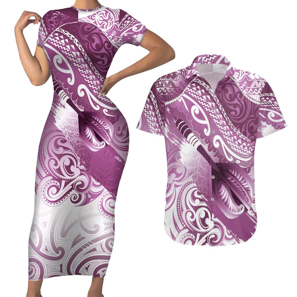 Personalised New Zealand Aotearoa Darts Masters Couples Matching Short Sleeve Bodycon Dress and Hawaiian Shirt Maori Art Tattoo with Tribal Dart Symbol Pink - Polynesian Pride