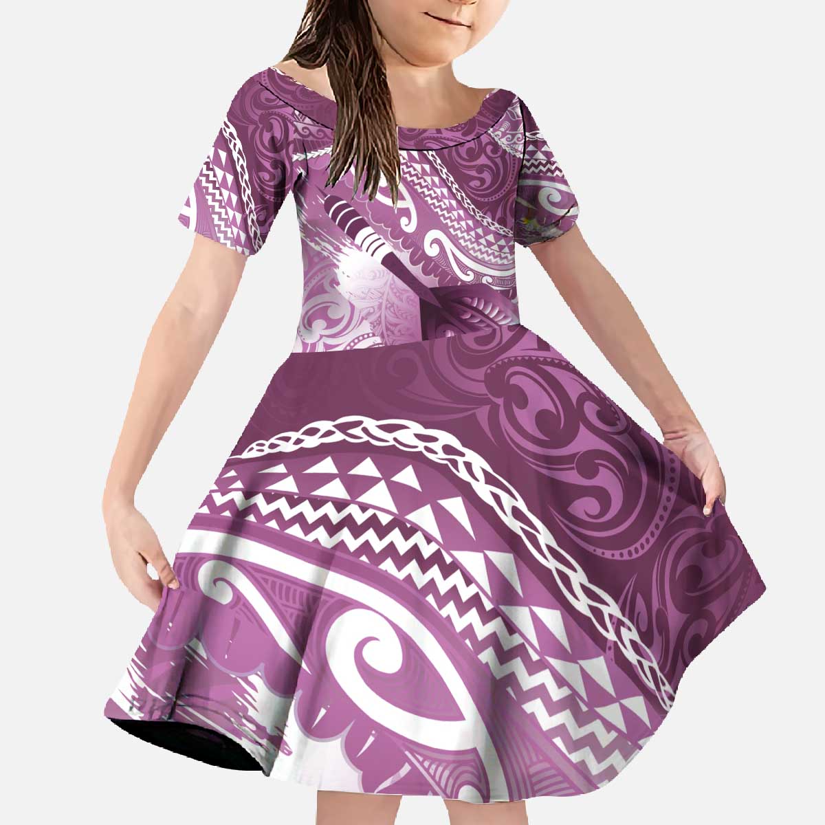 Personalised New Zealand Aotearoa Darts Masters Family Matching Off The Shoulder Long Sleeve Dress and Hawaiian Shirt Maori Art Tattoo with Tribal Dart Symbol Pink - Polynesian Pride