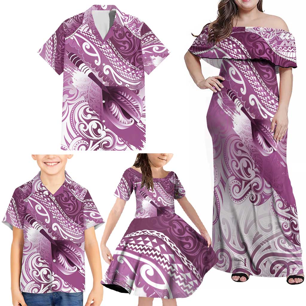 Personalised New Zealand Aotearoa Darts Masters Family Matching Off Shoulder Maxi Dress and Hawaiian Shirt Maori Art Tattoo with Tribal Dart Symbol Pink - Polynesian Pride