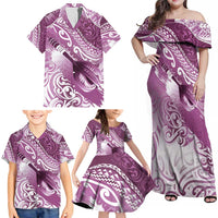 Personalised New Zealand Aotearoa Darts Masters Family Matching Off Shoulder Maxi Dress and Hawaiian Shirt Maori Art Tattoo with Tribal Dart Symbol Pink - Polynesian Pride