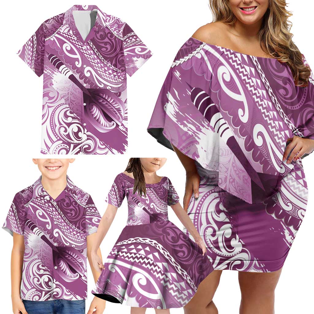 Personalised New Zealand Aotearoa Darts Masters Family Matching Off Shoulder Short Dress and Hawaiian Shirt Maori Art Tattoo with Tribal Dart Symbol Pink - Polynesian Pride