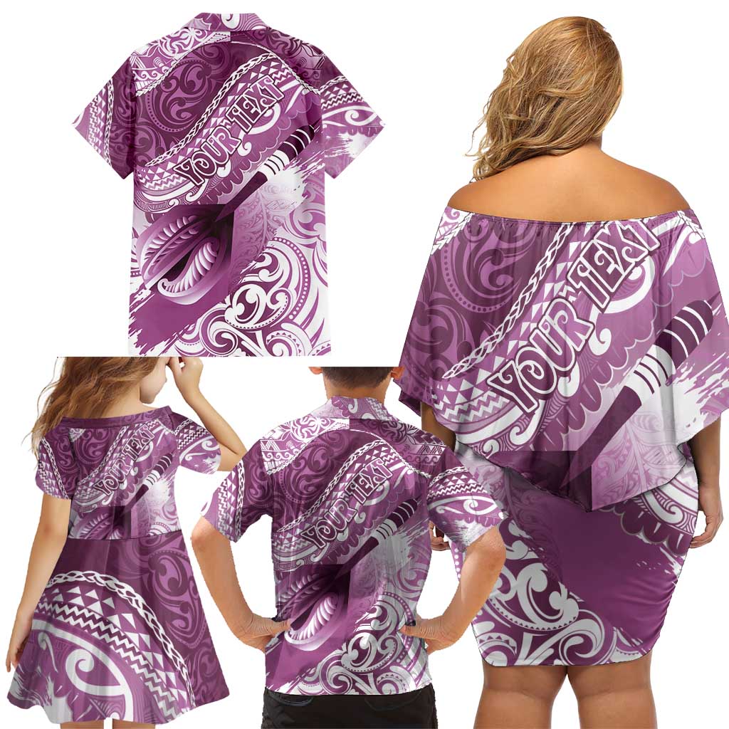 Personalised New Zealand Aotearoa Darts Masters Family Matching Off Shoulder Short Dress and Hawaiian Shirt Maori Art Tattoo with Tribal Dart Symbol Pink - Polynesian Pride