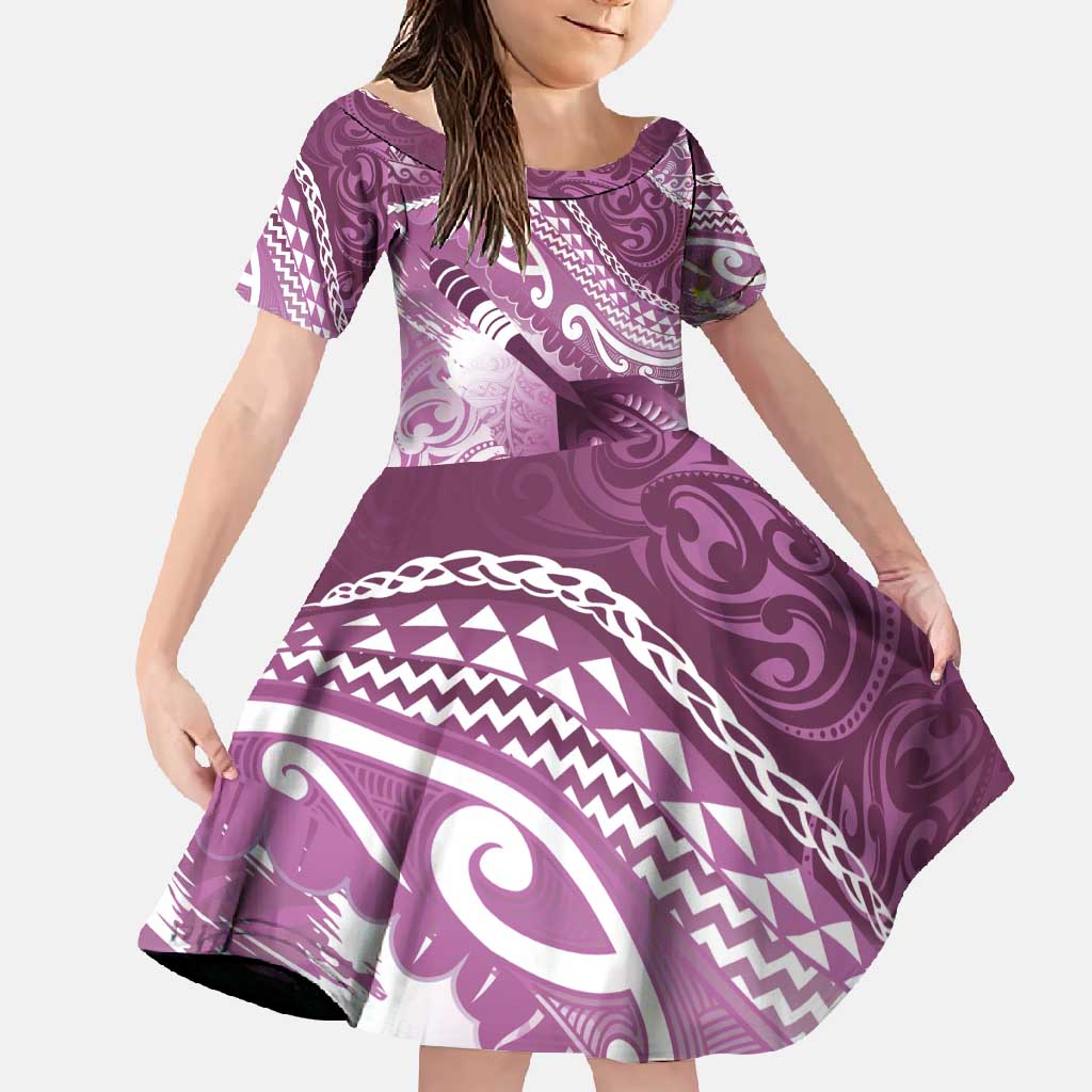Personalised New Zealand Aotearoa Darts Masters Family Matching Short Sleeve Bodycon Dress and Hawaiian Shirt Maori Art Tattoo with Tribal Dart Symbol Pink - Polynesian Pride