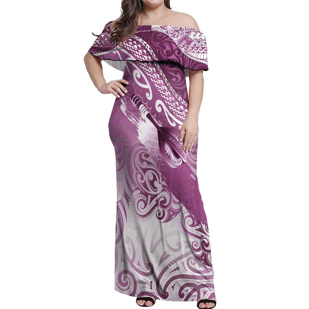 Personalised New Zealand Aotearoa Darts Masters Off Shoulder Maxi Dress Maori Art Tattoo with Tribal Dart Symbol Pink - Polynesian Pride
