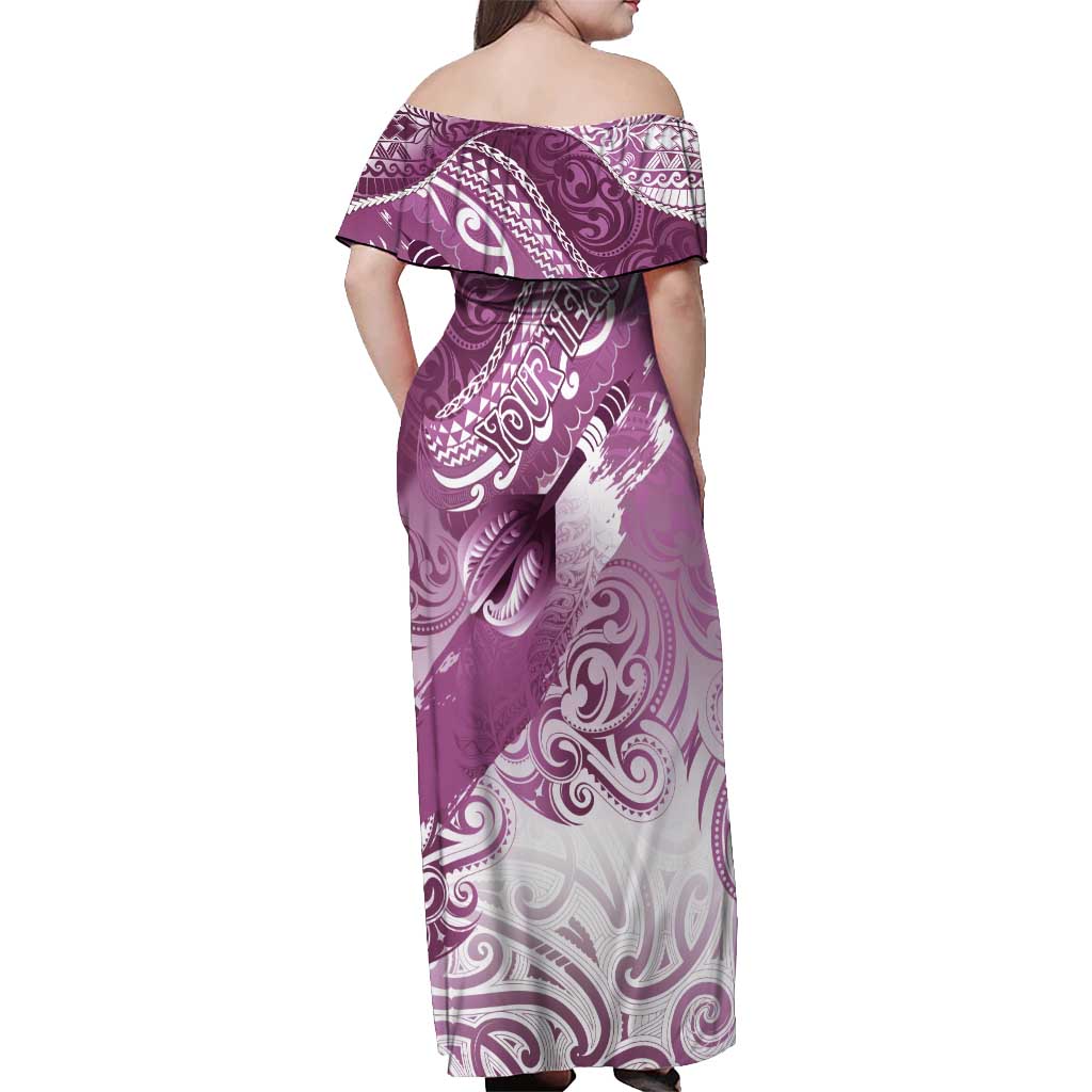 Personalised New Zealand Aotearoa Darts Masters Off Shoulder Maxi Dress Maori Art Tattoo with Tribal Dart Symbol Pink - Polynesian Pride