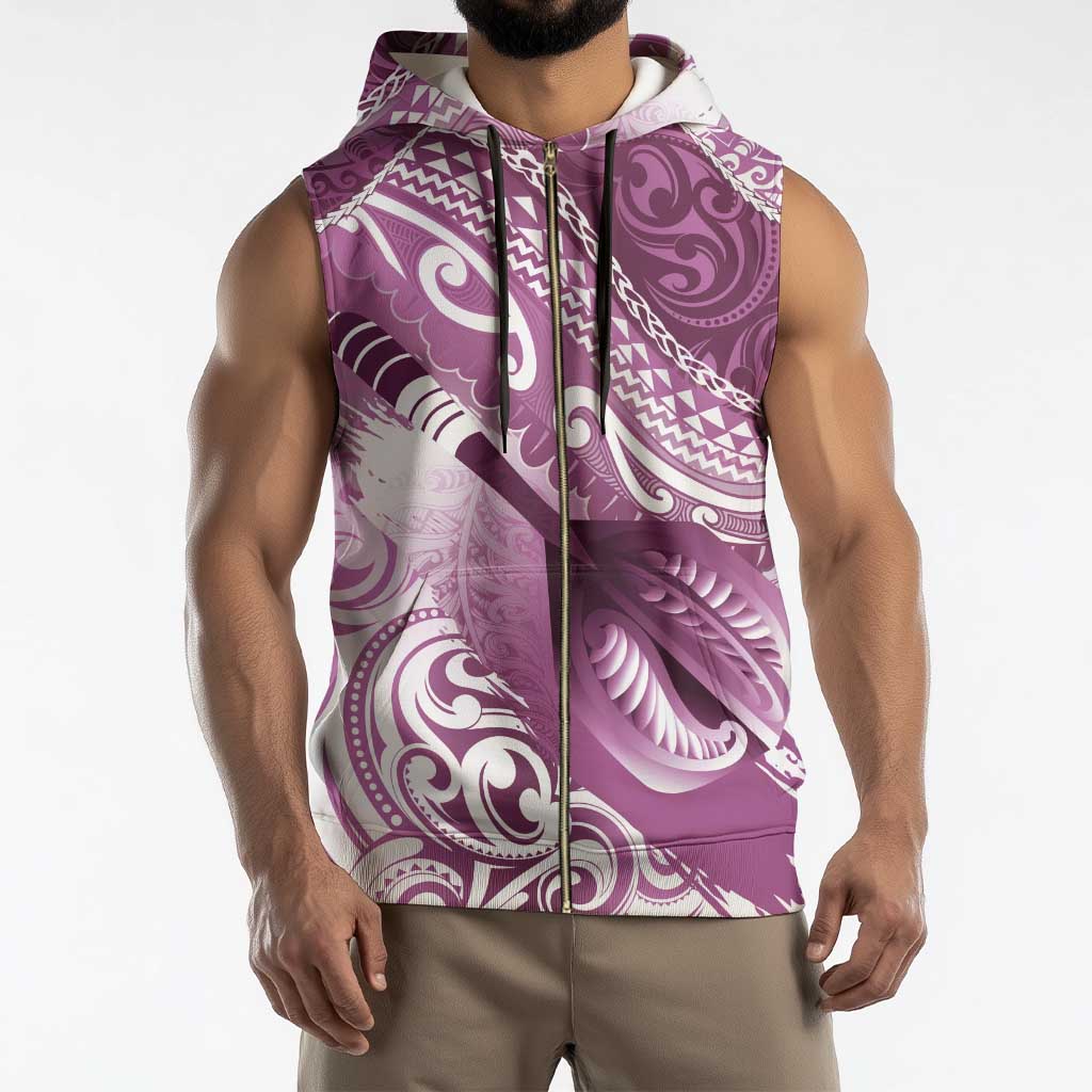 Personalised New Zealand Aotearoa Darts Masters Sleeveless Zip Hoodie Maori Art Tattoo with Tribal Dart Symbol Pink - Polynesian Pride