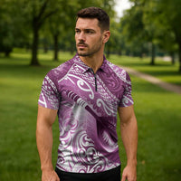 Personalised New Zealand Aotearoa Darts Masters Zipper Polo Shirt Maori Art Tattoo with Tribal Dart Symbol Pink - Polynesian Pride