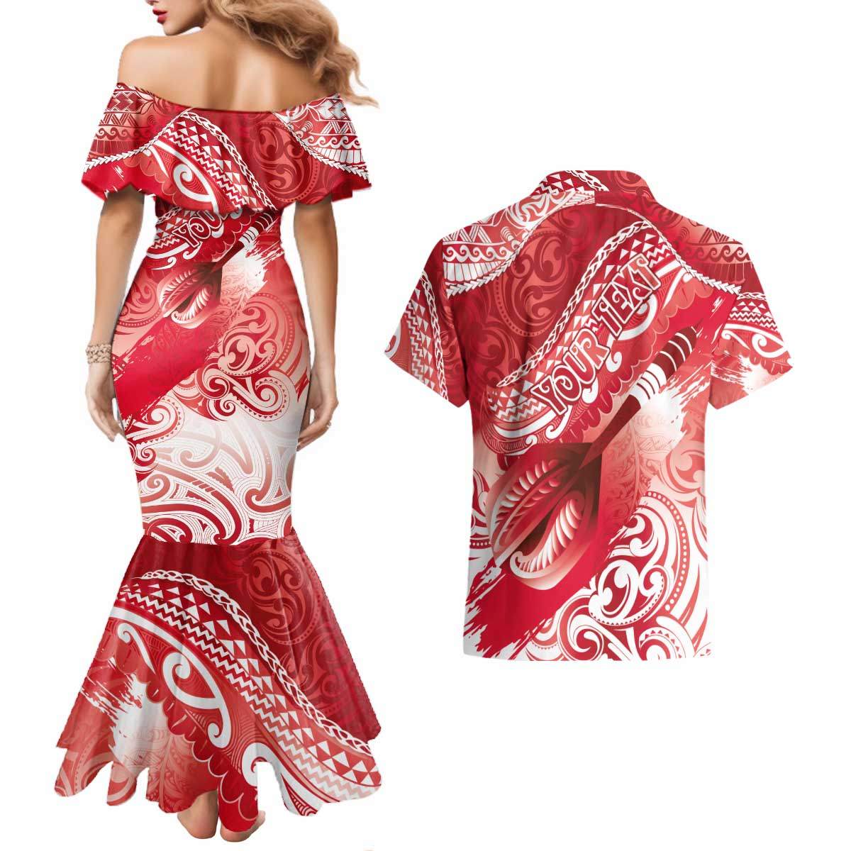 Personalised New Zealand Aotearoa Darts Masters Couples Matching Mermaid Dress and Hawaiian Shirt Maori Art Tattoo with Tribal Dart Symbol Red - Polynesian Pride
