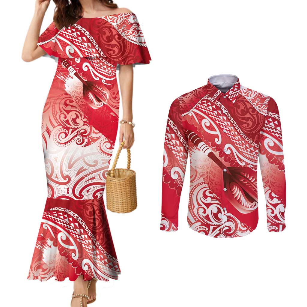 Personalised New Zealand Aotearoa Darts Masters Couples Matching Mermaid Dress and Long Sleeve Button Shirt Maori Art Tattoo with Tribal Dart Symbol Red - Polynesian Pride