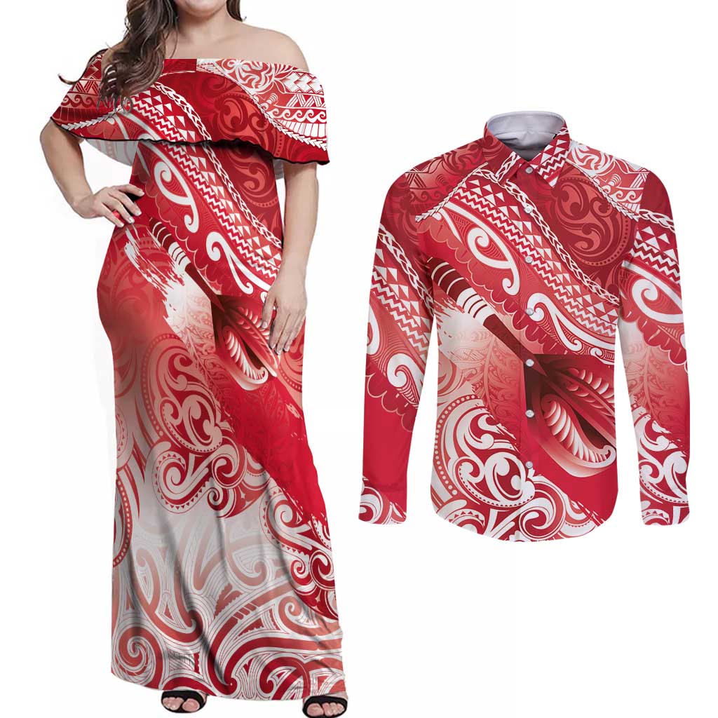 Personalised New Zealand Aotearoa Darts Masters Couples Matching Off Shoulder Maxi Dress and Long Sleeve Button Shirt Maori Art Tattoo with Tribal Dart Symbol Red LT03 Red - Polynesian Pride