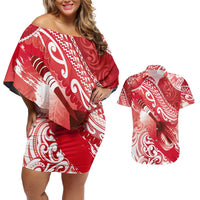 Personalised New Zealand Aotearoa Darts Masters Couples Matching Off Shoulder Short Dress and Hawaiian Shirt Maori Art Tattoo with Tribal Dart Symbol Red - Polynesian Pride