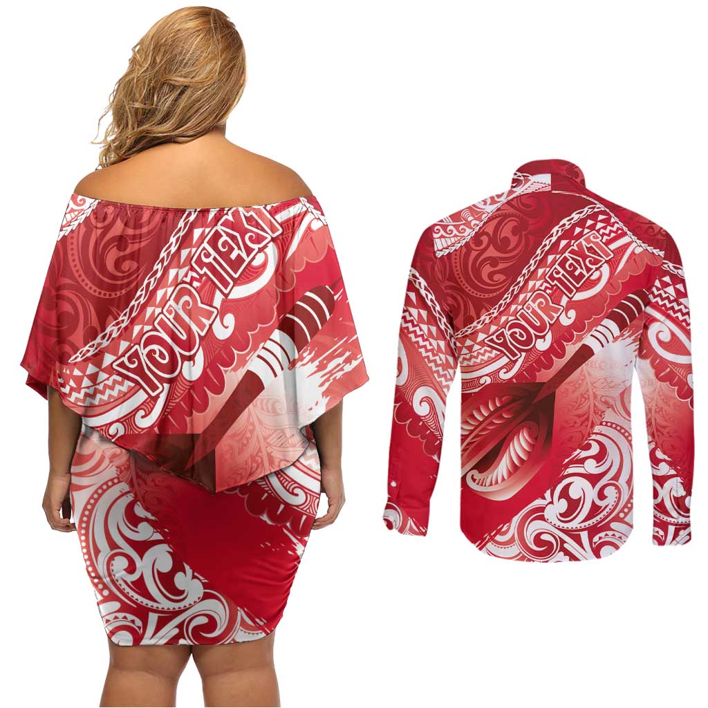 Personalised New Zealand Aotearoa Darts Masters Couples Matching Off Shoulder Short Dress and Long Sleeve Button Shirt Maori Art Tattoo with Tribal Dart Symbol Red - Polynesian Pride