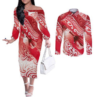 Personalised New Zealand Aotearoa Darts Masters Couples Matching Off The Shoulder Long Sleeve Dress and Long Sleeve Button Shirt Maori Art Tattoo with Tribal Dart Symbol Red - Polynesian Pride
