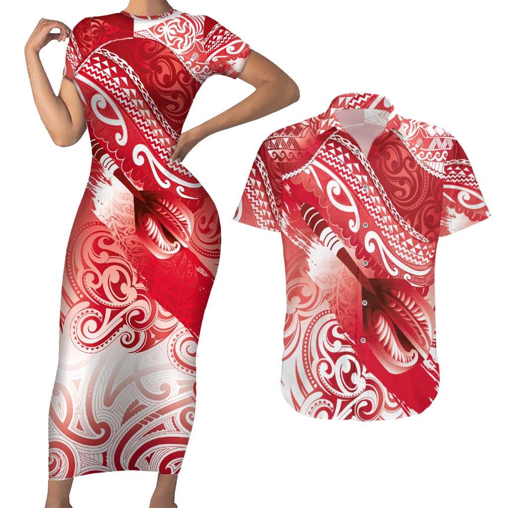Personalised New Zealand Aotearoa Darts Masters Couples Matching Short Sleeve Bodycon Dress and Hawaiian Shirt Maori Art Tattoo with Tribal Dart Symbol Red - Polynesian Pride