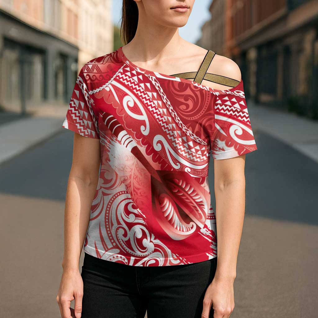 Personalised New Zealand Aotearoa Darts Masters Cross Shoulder Shirt Maori Art Tattoo with Tribal Dart Symbol Red - Polynesian Pride