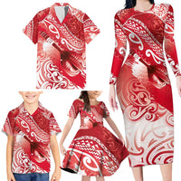 Personalised New Zealand Aotearoa Darts Masters Family Matching Long Sleeve Bodycon Dress and Hawaiian Shirt Maori Art Tattoo with Tribal Dart Symbol Red - Polynesian Pride