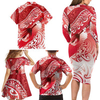 Personalised New Zealand Aotearoa Darts Masters Family Matching Long Sleeve Bodycon Dress and Hawaiian Shirt Maori Art Tattoo with Tribal Dart Symbol Red - Polynesian Pride