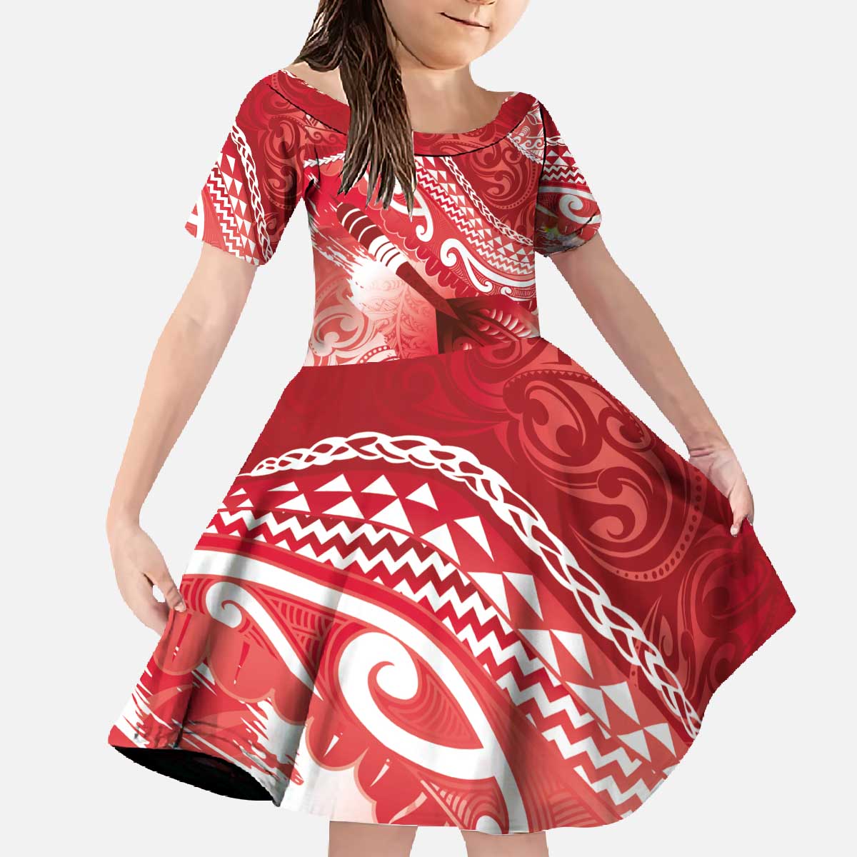 Personalised New Zealand Aotearoa Darts Masters Family Matching Off The Shoulder Long Sleeve Dress and Hawaiian Shirt Maori Art Tattoo with Tribal Dart Symbol Red - Polynesian Pride