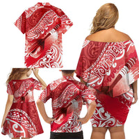 Personalised New Zealand Aotearoa Darts Masters Family Matching Off Shoulder Short Dress and Hawaiian Shirt Maori Art Tattoo with Tribal Dart Symbol Red - Polynesian Pride