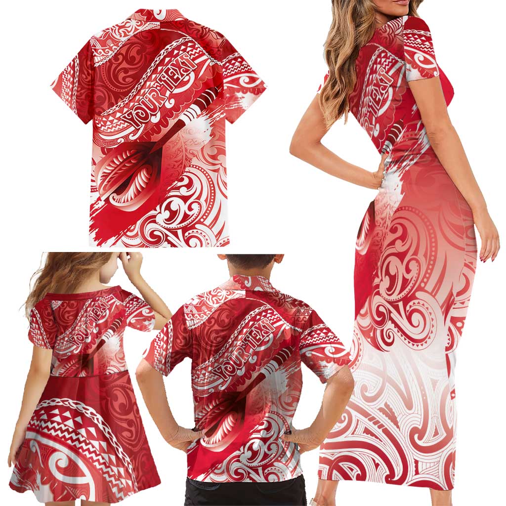 Personalised New Zealand Aotearoa Darts Masters Family Matching Short Sleeve Bodycon Dress and Hawaiian Shirt Maori Art Tattoo with Tribal Dart Symbol Red - Polynesian Pride