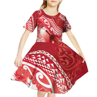 Personalised New Zealand Aotearoa Darts Masters Kid Short Sleeve Dress Maori Art Tattoo with Tribal Dart Symbol Red - Polynesian Pride