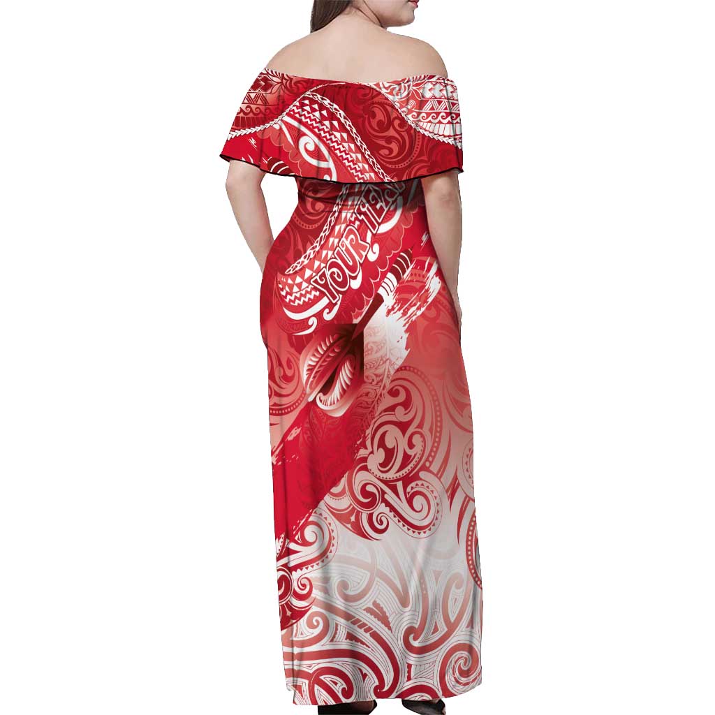Personalised New Zealand Aotearoa Darts Masters Off Shoulder Maxi Dress Maori Art Tattoo with Tribal Dart Symbol Red - Polynesian Pride