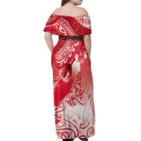 Personalised New Zealand Aotearoa Darts Masters Off Shoulder Maxi Dress Maori Art Tattoo with Tribal Dart Symbol Red - Polynesian Pride