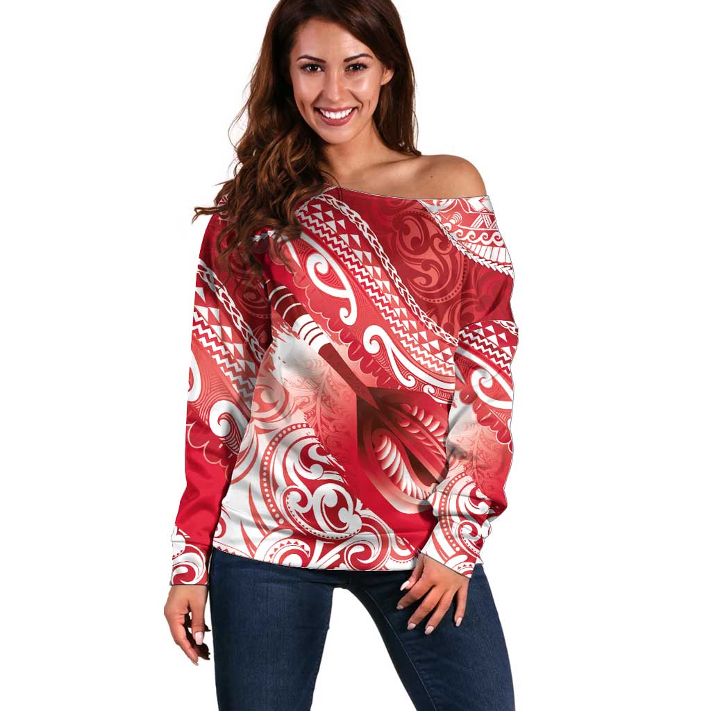 Personalised New Zealand Aotearoa Darts Masters Off Shoulder Sweater Maori Art Tattoo with Tribal Dart Symbol Red - Polynesian Pride