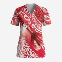 Personalised New Zealand Aotearoa Darts Masters Scrub Top Maori Art Tattoo with Tribal Dart Symbol Red - Polynesian Pride