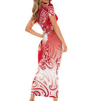 Personalised New Zealand Aotearoa Darts Masters Short Sleeve Bodycon Dress Maori Art Tattoo with Tribal Dart Symbol Red - Polynesian Pride