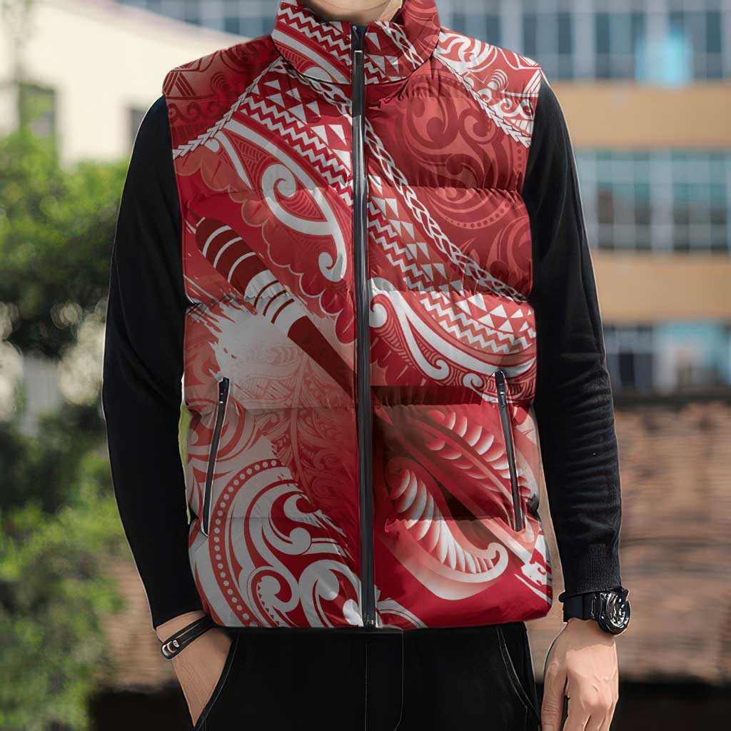 Personalised New Zealand Aotearoa Darts Masters Sleeveless Puffer Jacket Maori Art Tattoo with Tribal Dart Symbol Red LT03 - Polynesian Pride