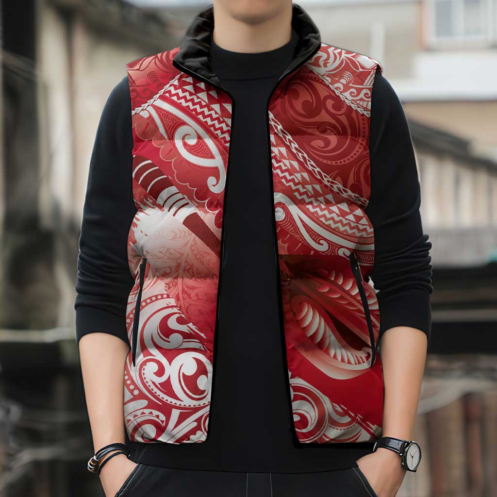 Personalised New Zealand Aotearoa Darts Masters Sleeveless Puffer Jacket Maori Art Tattoo with Tribal Dart Symbol Red LT03 - Polynesian Pride
