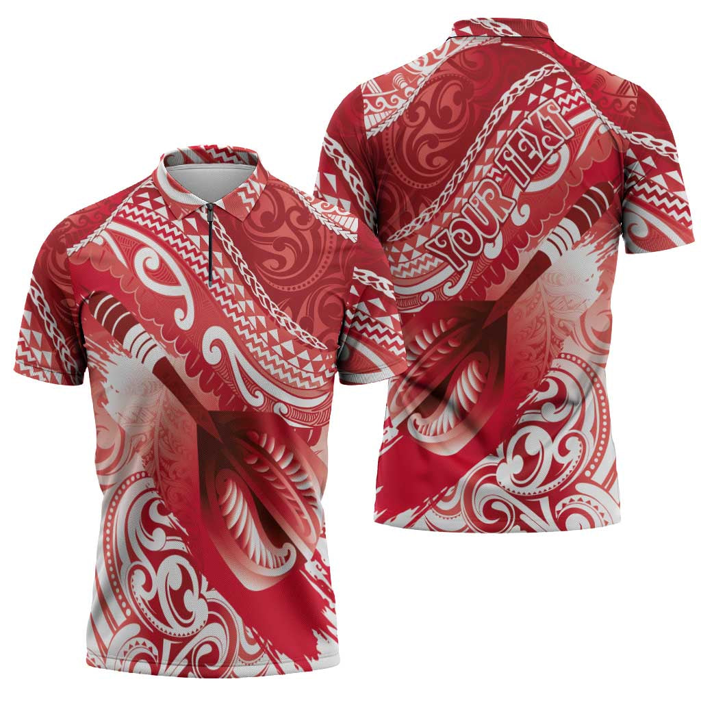 Personalised New Zealand Aotearoa Darts Masters Zipper Polo Shirt Maori Art Tattoo with Tribal Dart Symbol Red - Polynesian Pride