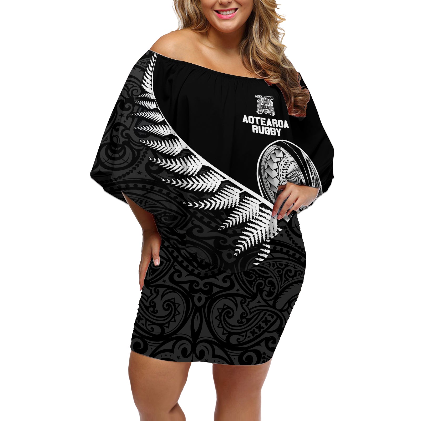 New Zealand World Cup 2023 Off Shoulder Short Dress Aotearoa Champion Rugby with Silver Fern Maori Ethnic Pattern LT03 Women Black - Polynesian Pride