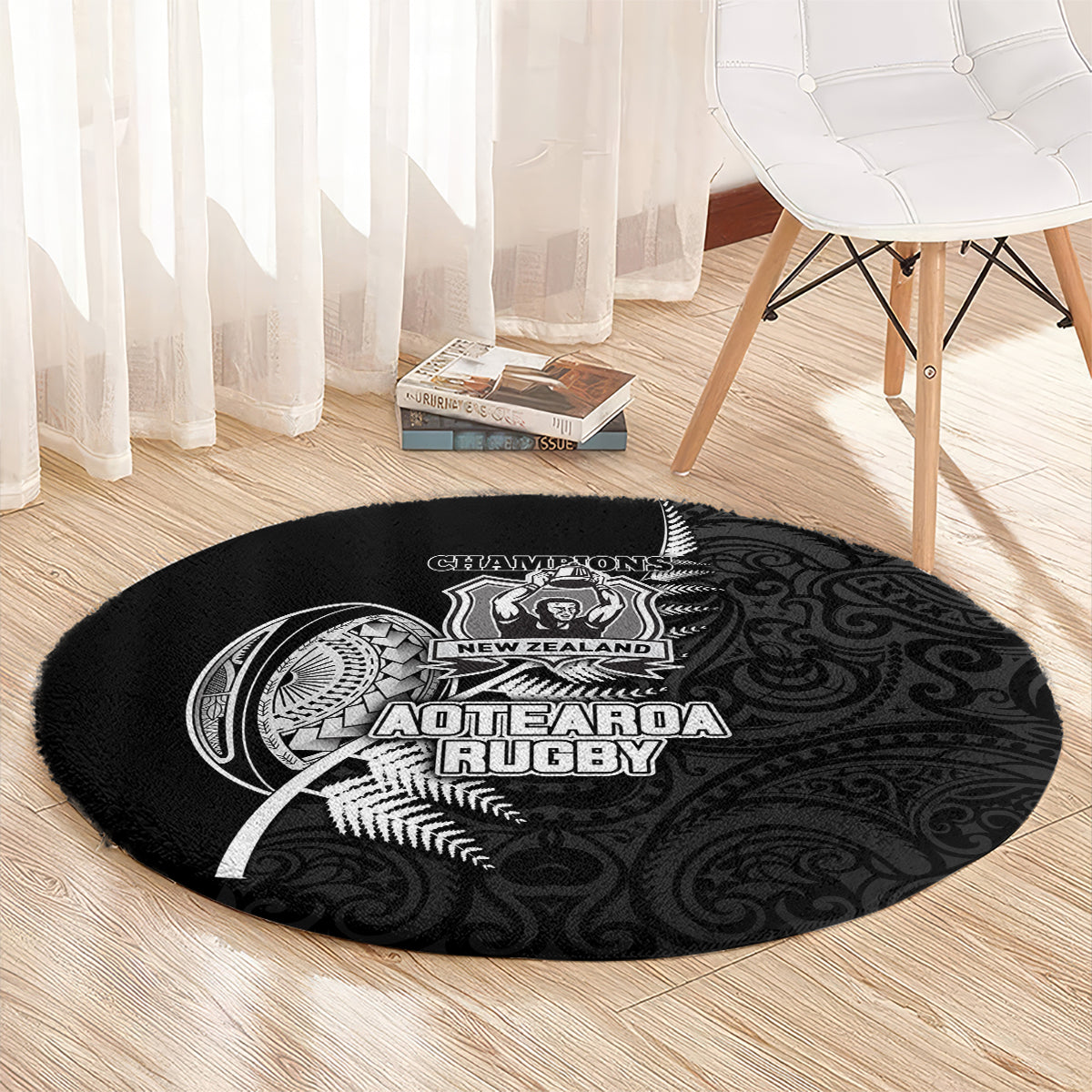 New Zealand World Cup 2023 Round Carpet Aotearoa Champion Rugby with Silver Fern Maori Ethnic Pattern LT03 - Polynesian Pride