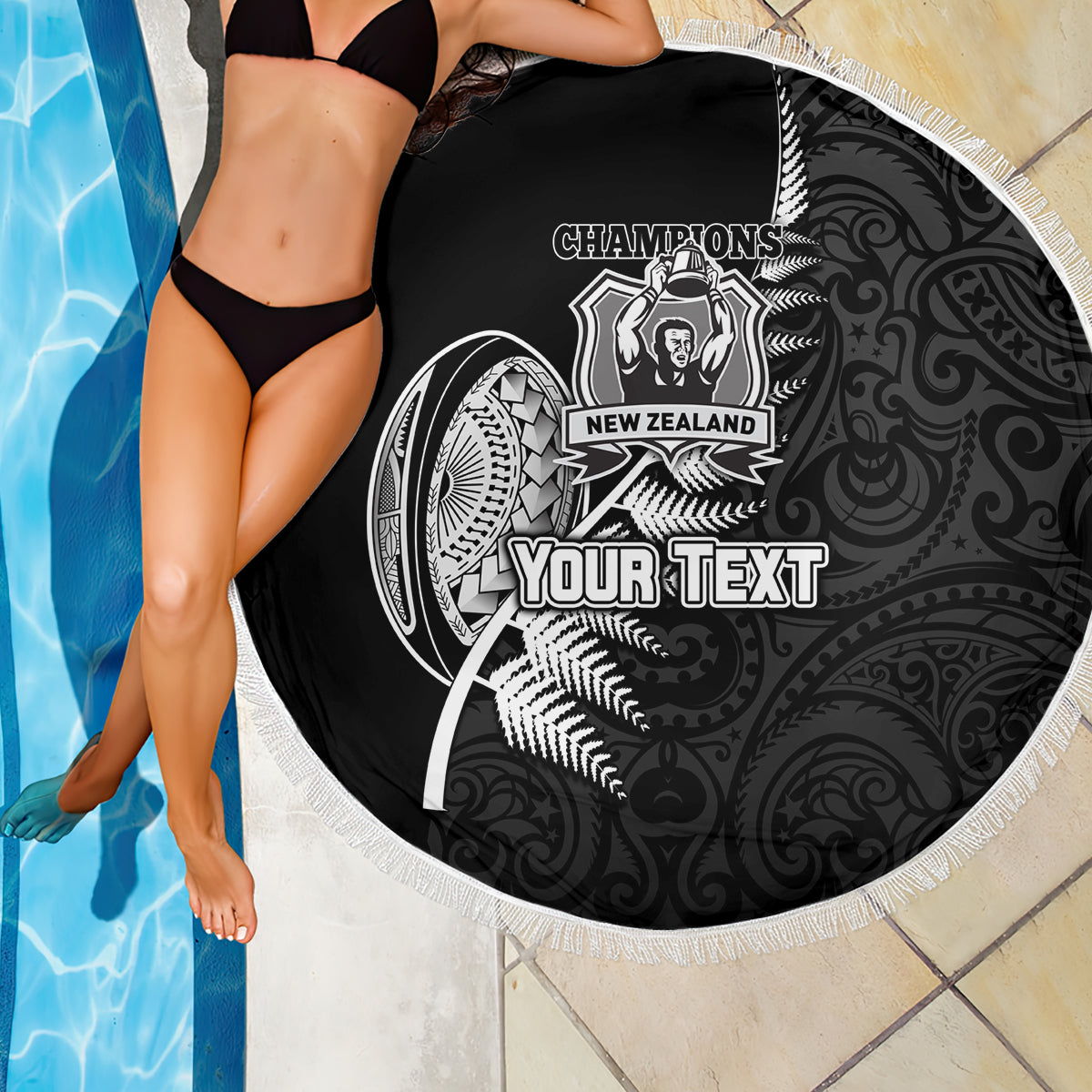 Custom New Zealand World Cup 2023 Beach Blanket Aotearoa Champion Rugby with Silver Fern Maori Ethnic Pattern LT03 - Wonder Print Shop