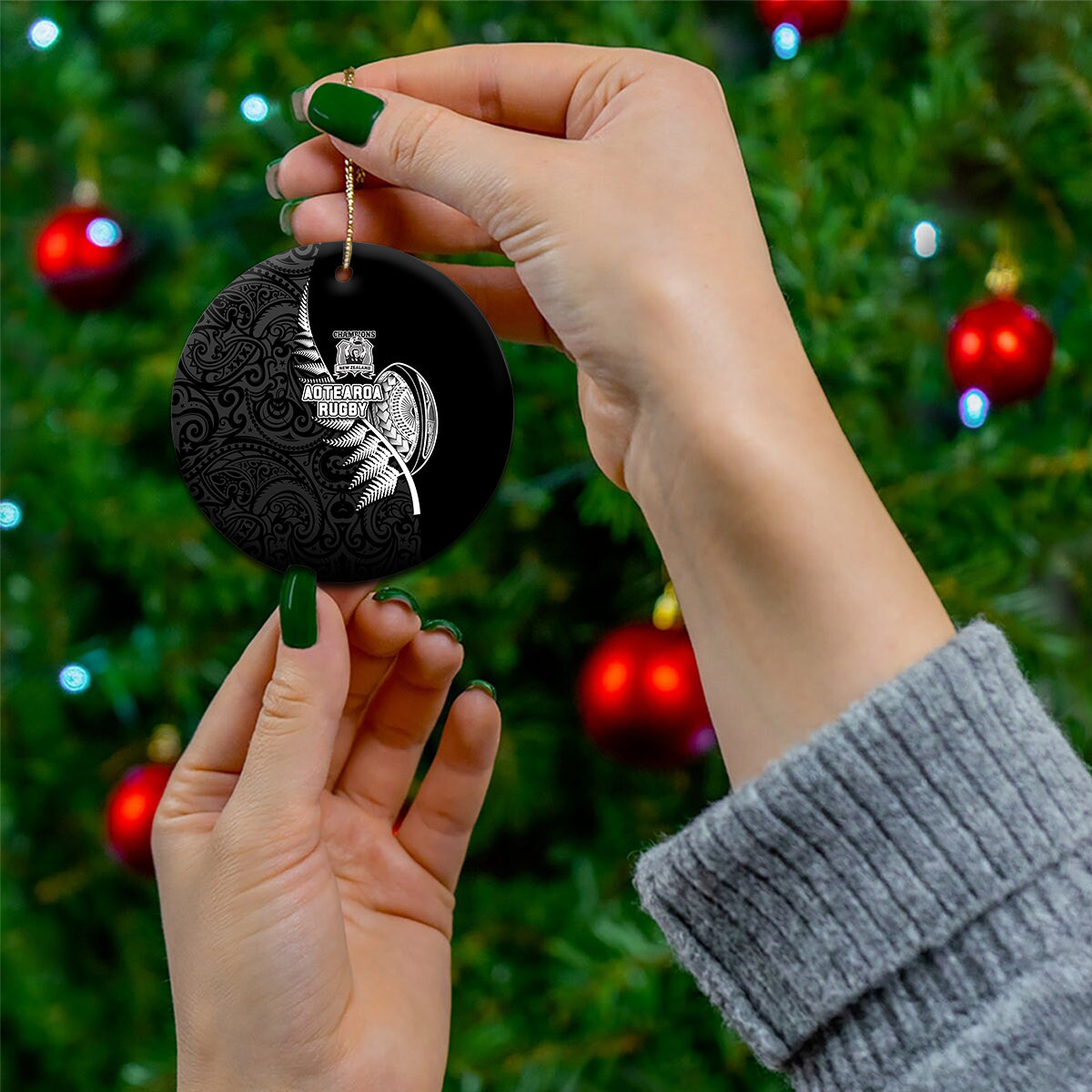 Custom New Zealand World Cup 2023 Ceramic Ornament Aotearoa Champion Rugby with Silver Fern Maori Ethnic Pattern LT03 - Polynesian Pride