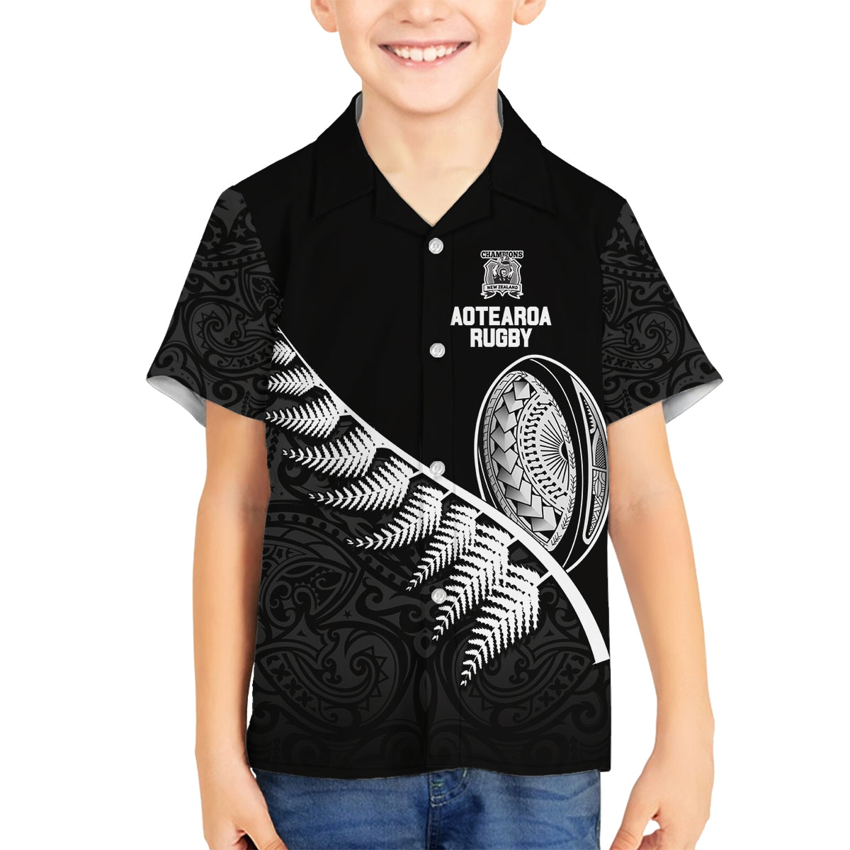 Custom New Zealand World Cup 2023 Family Matching Puletasi Dress and Hawaiian Shirt Aotearoa Champion Rugby with Silver Fern Maori Ethnic Pattern LT03 Son's Shirt Black - Polynesian Pride