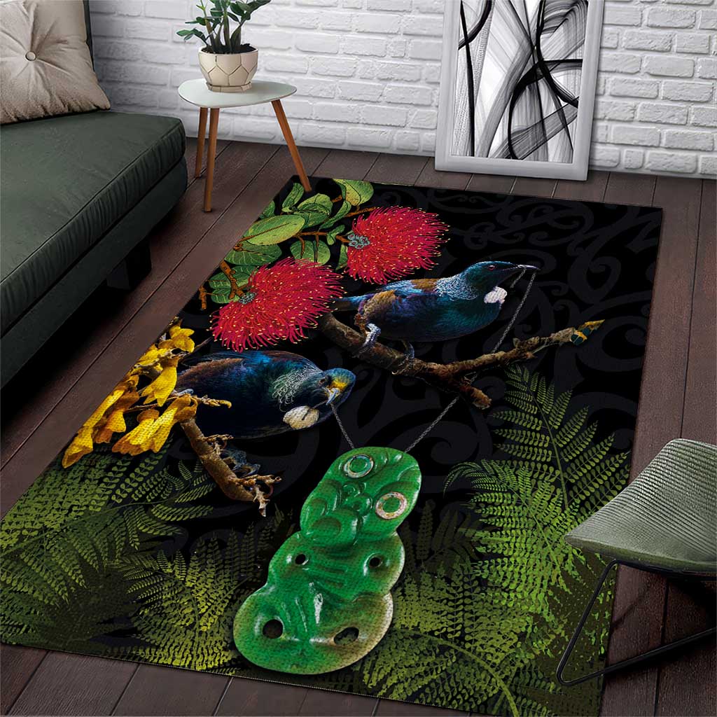 New Zealand Tui Area Rug Guardians of the Hei Tiki - Maori Art and Plants