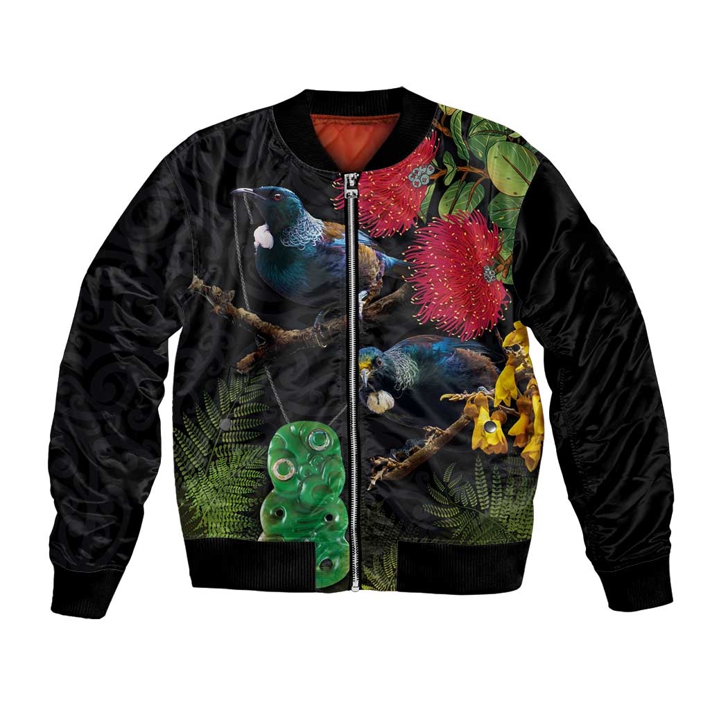 New Zealand Tui Bomber Jacket Guardians of the Hei Tiki - Maori Art and Plants LT03 Unisex Black - Polynesian Pride